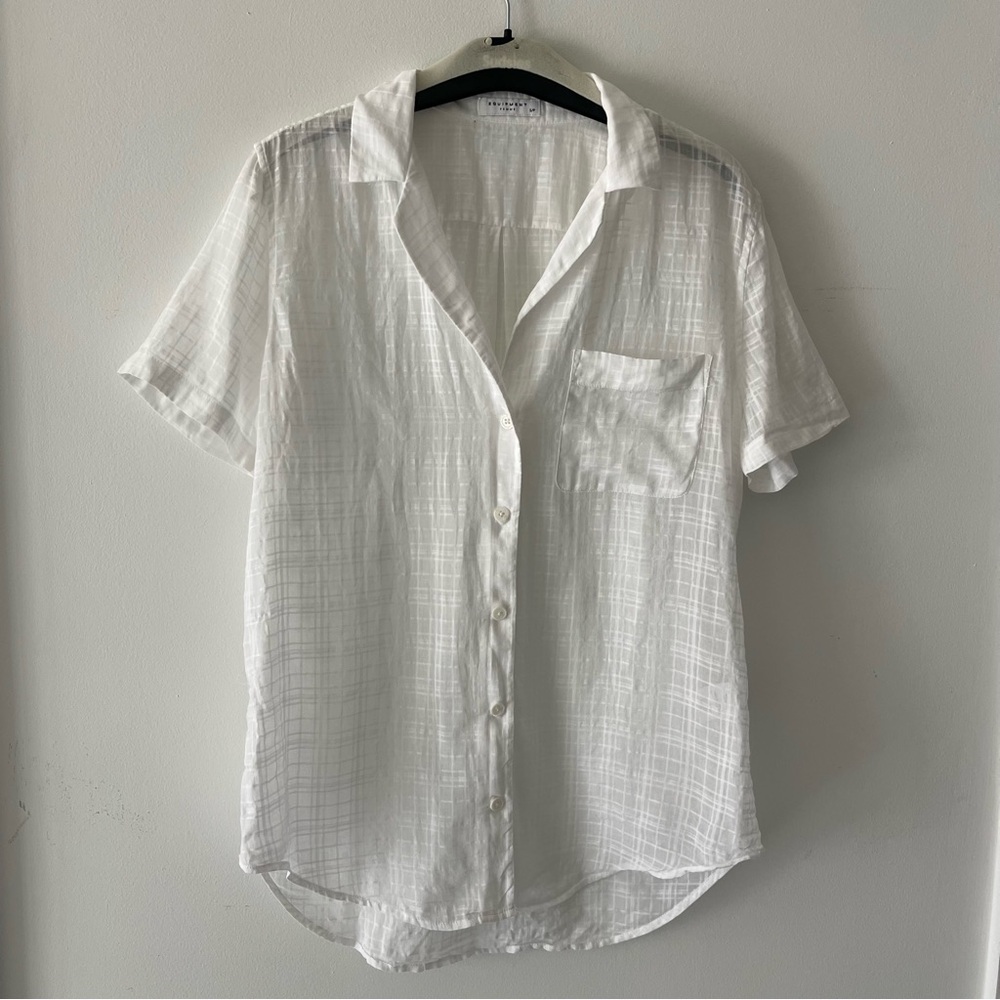 Equipment Femme White Sheer Plaid Cotton Short Sleeve Button Shirt Size Small